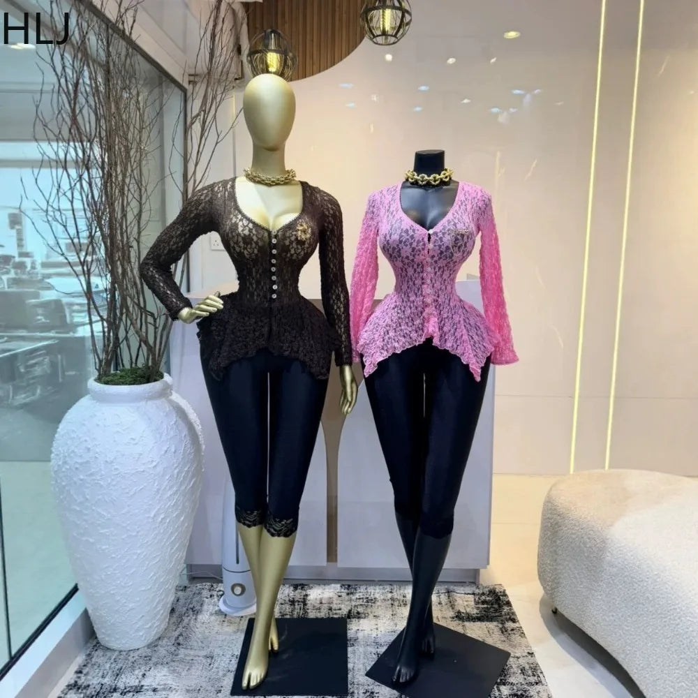 Floral Lace Sheer Button Up Peplum Blouse for Women