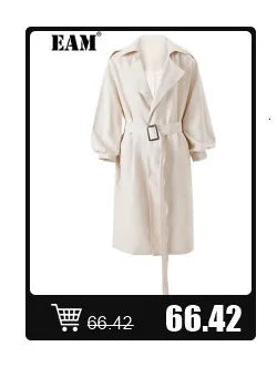 [EAM] Women Beige Zipper Pocket Back Bandage Blouse New Lapel Long Sleeve Loose Fit Shirt Fashion Spring Autumn 2025 1DF1491