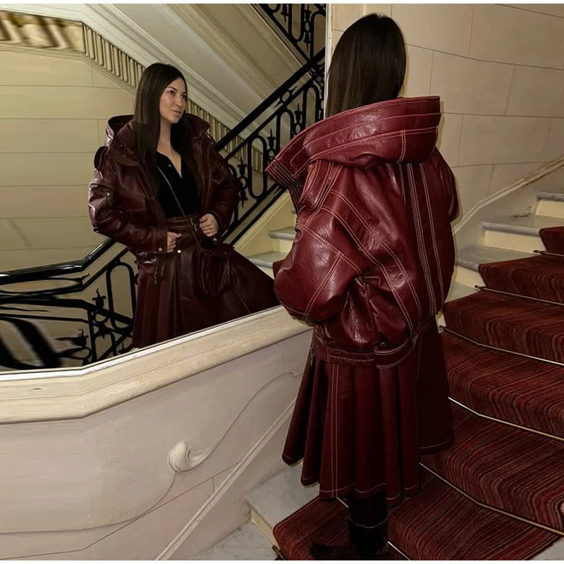 Fur Collar Women 's Leather Jackets Vintage Hooded Zipper Pockets Full Sleeve Jackets Lady 2025 New Woman Winter Coats Outwears