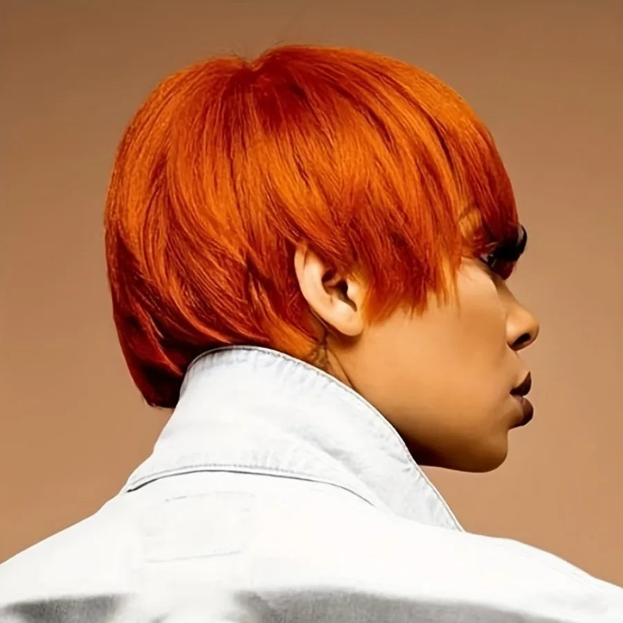 Short Orange Pixie Cut Human Hair Wig With Bangs For Women