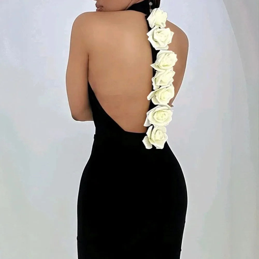 Fashion Evening Party Dresses Woman New Sexy Elegant Rose Detail Mock Neck Sleeveless Backless Bodycon Party Dress 2025 Autumn