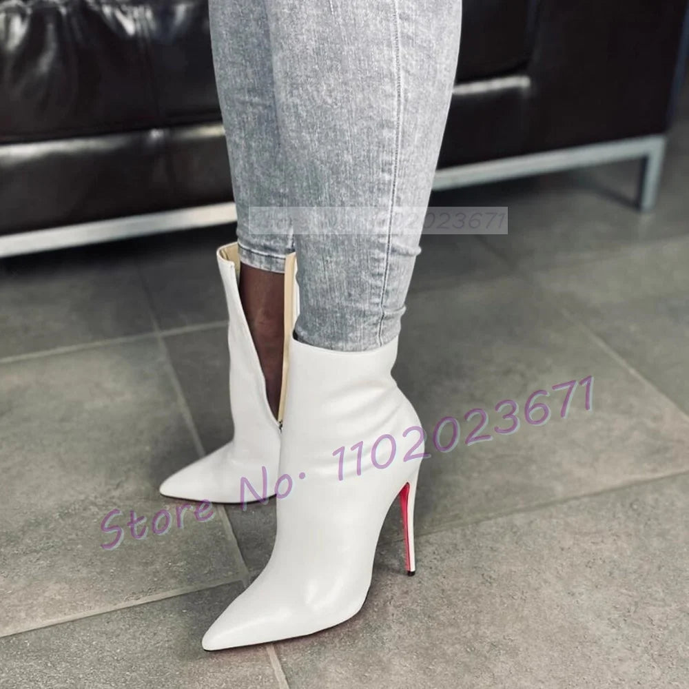 Pink Sole White Ankle Boots Women Pointed Toe Stylish Patent Leather High Heels Boots Female Elegant Casual Crocodile Shoes
