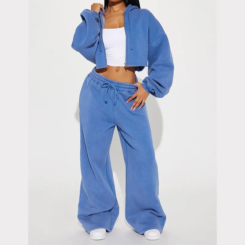 Hooded Cropped Sweatshirt And Long Pants Set for Women