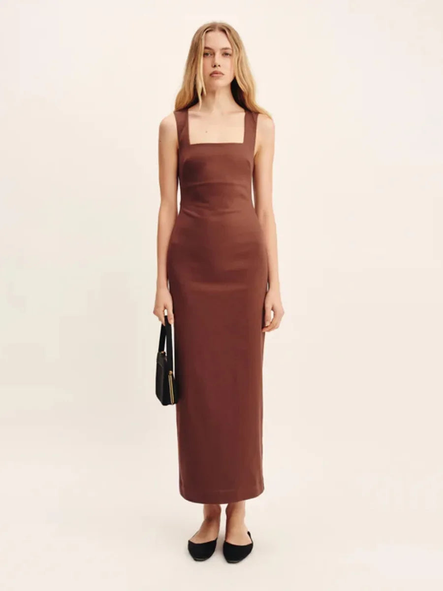 Elegant Square Neck Suspender Cotton Blend Dress For Women