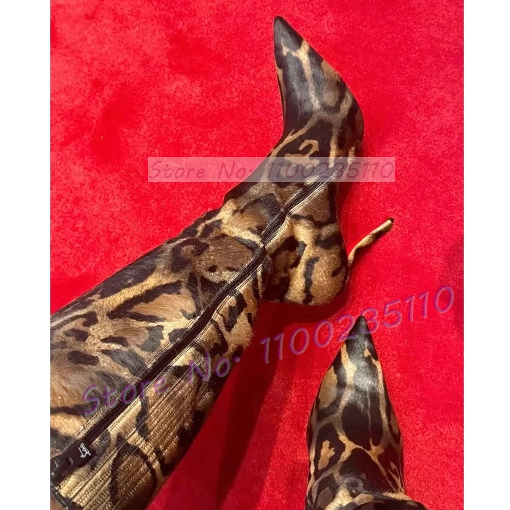 Leopard Print Pointy Toe Knee High Boots for Women