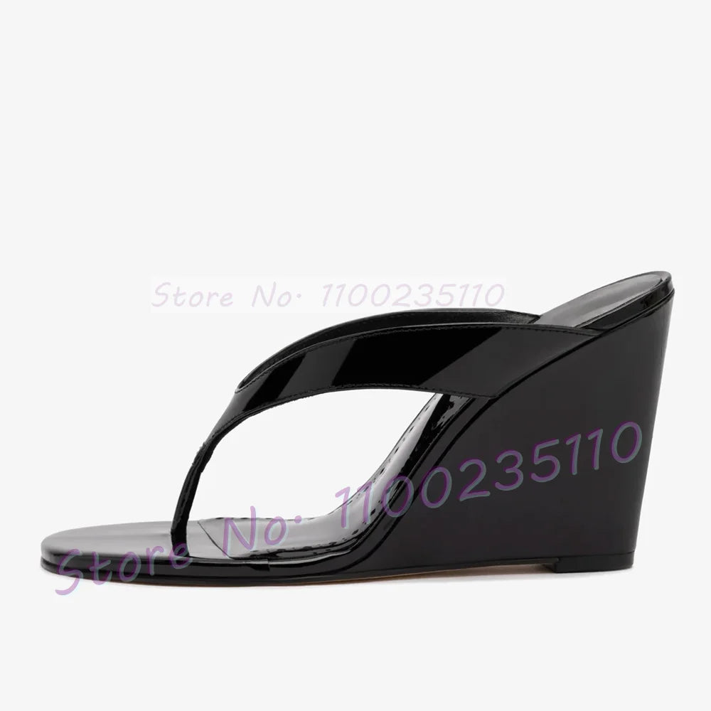 Glossy Patent Leather Thong Mules With Wedge Heel For Women