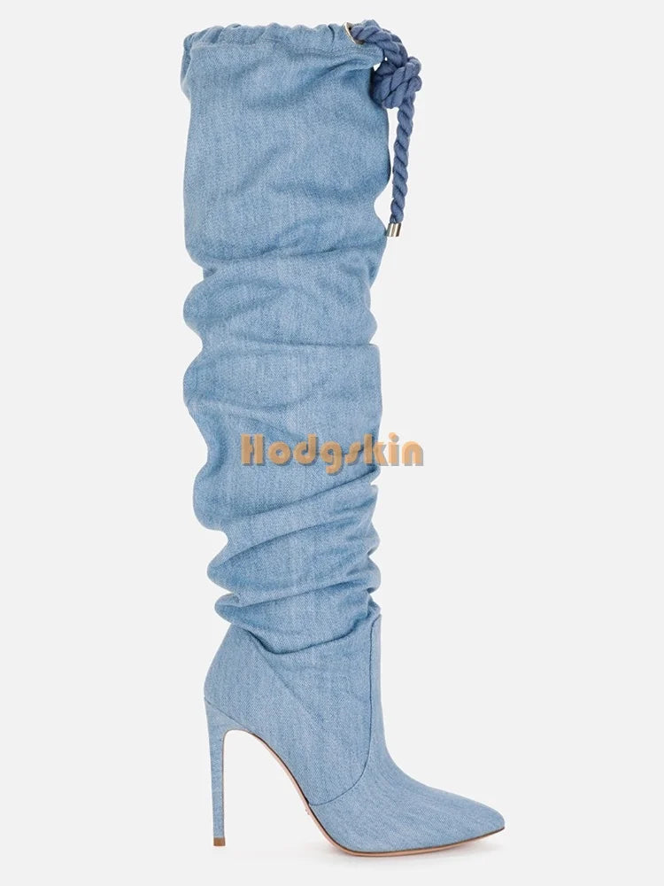 Cross Tied Denim Knee High Stiletto Boots for Women