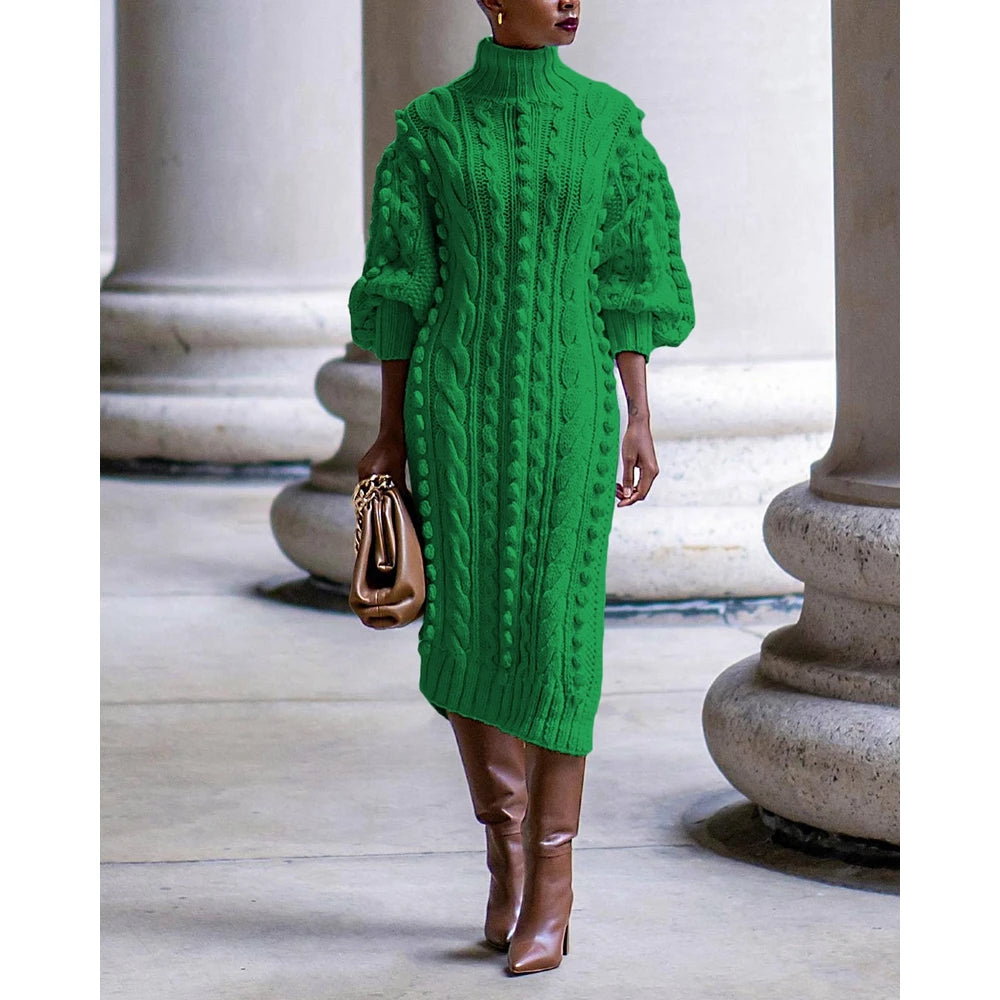 Autumn Women High Neck Twist Rope Lantern Sleeve Side Slit Knitted Sweater Dress New Fashion Femme Casual Dress Robe Clothing