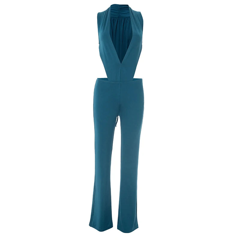 Weird Puss Hipster 2 Piece Set Women Sexy Deep V-Neck Hollow Bandage Bodysuit+Flare Pants Summer Midnight Matching Clubwear Suit