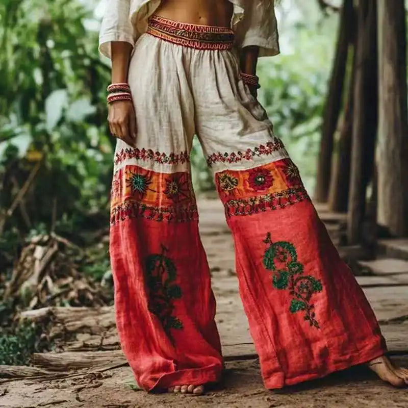 Vintage Women Casual Loose Print Wide Leg Pants Ethnic Print Bohemian Long Pants Women Fashion High Waist Solid Long Trousers