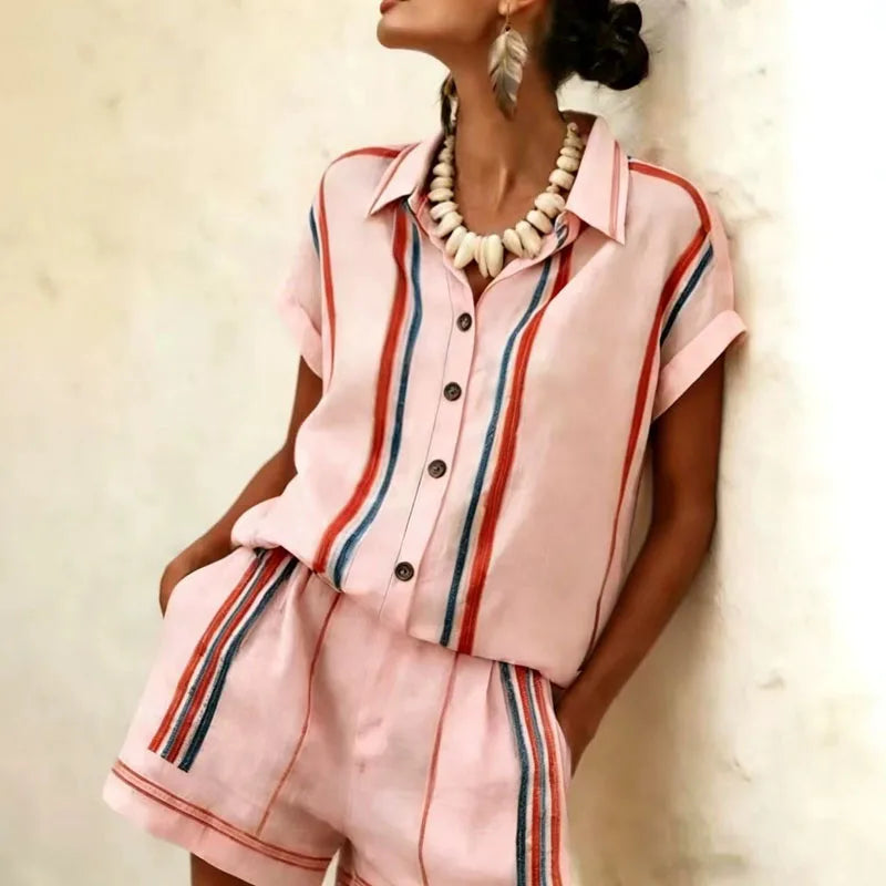High Waist Striped Button Up Two Piece Shorts Set for Women