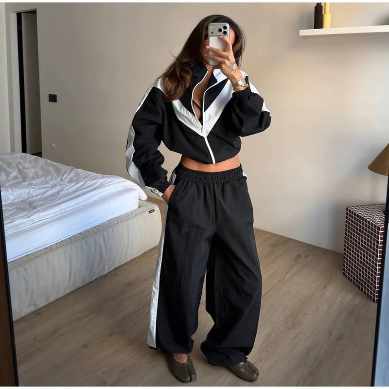 Color Block Zip Up Tracksuit With High Waist Shorts For Women