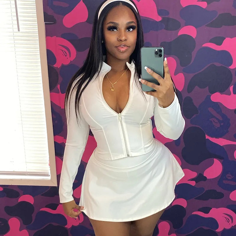 FAGADOER Sexy Sporty 2 Pieces Set for Woman Zipper Long Sleeve Jacket Tops + Pleated Skirts Tracksuits Female Streetwear 2025