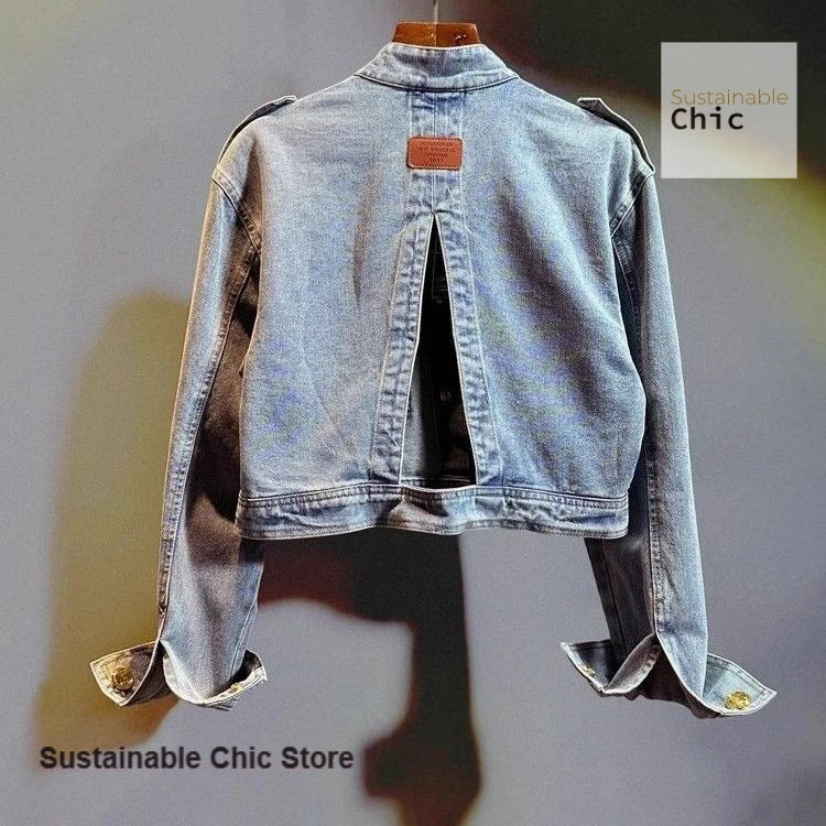 Vintage French Retro Gold Buckle Casual Denim Jacket For Women