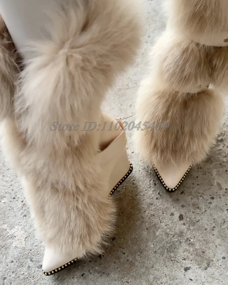 Warm Leather Pointed Toe Buckle Wedge Boots For Women