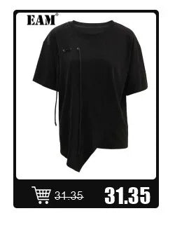[EAM] Women Black Denim Burr Irregular Big Size Casual T-shirt New V-Neck Half Sleeve Fashion Tide Spring Summer 2025 1DJ1392