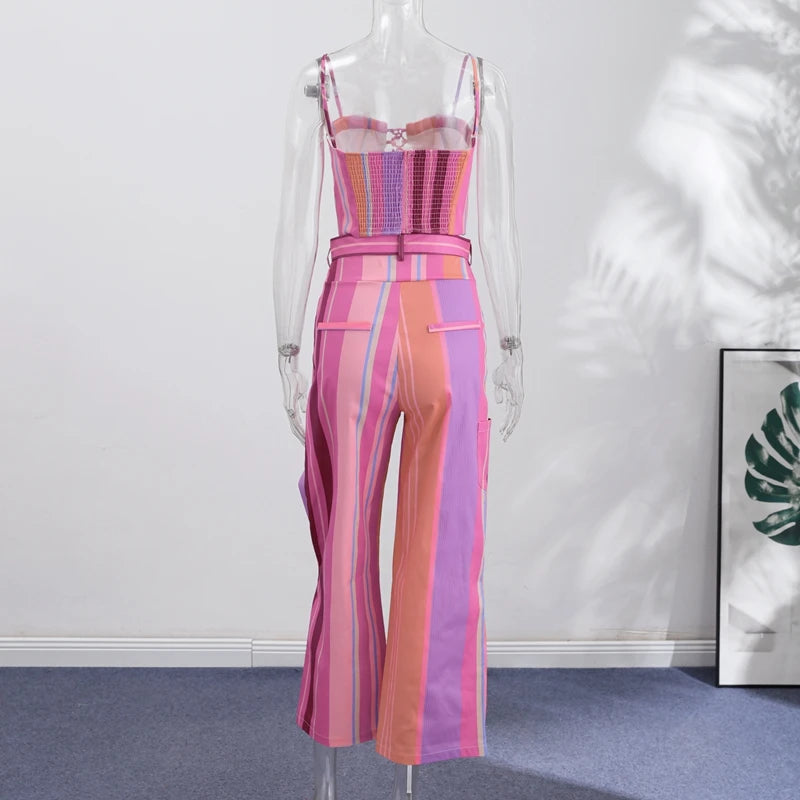Striped Patchwork Vest and Asymmetric Trousers Set for Women