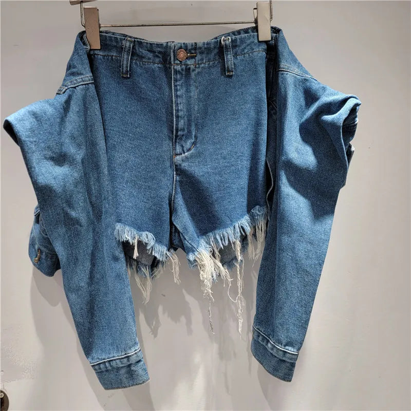 YEAE Fashion Women's Irregular Bandage Fake Two-piece Denim A-line Shorts Trendy 2025 Summer Wide Leg Hot Pants Female