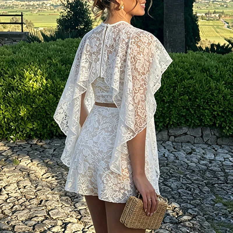 Elegant Lace Embroidery Shawl Strapless Top and Mini Skirt Set for Women