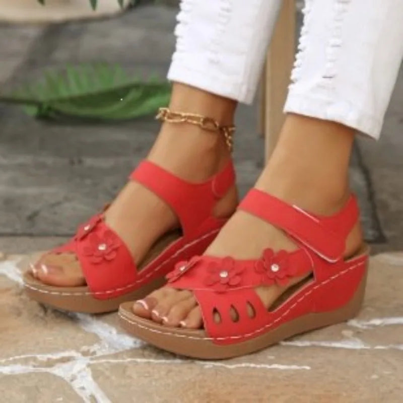 Modern Floral Buckle Wedge Sandals