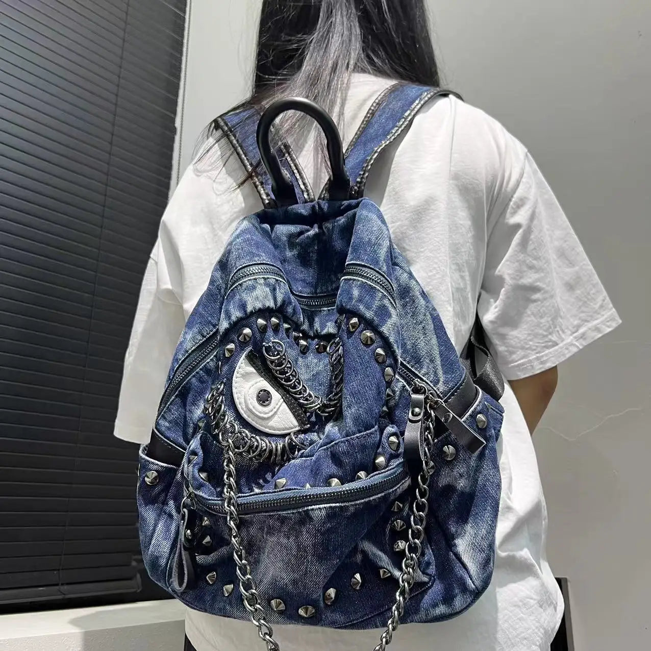 Steampunk Denim Backpack with Chain Details for Women