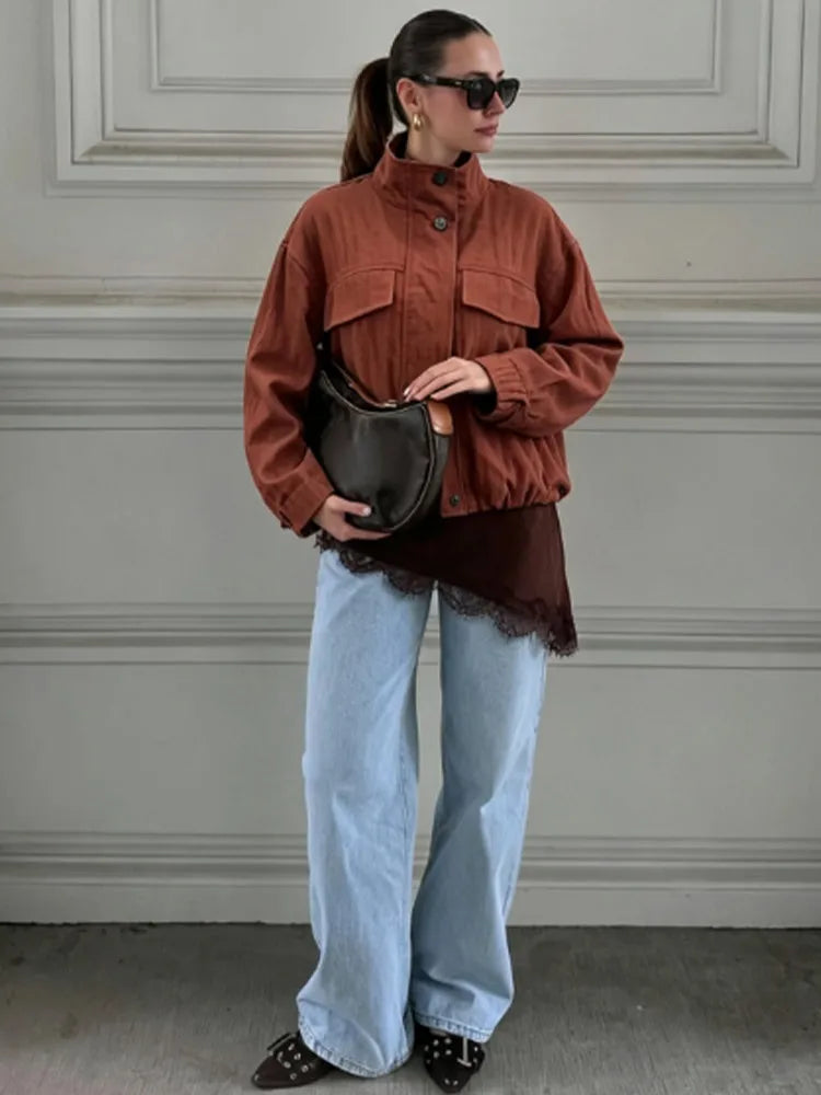 Casual Solid Loose Jacket Stand Collar With Big Pockets for Women