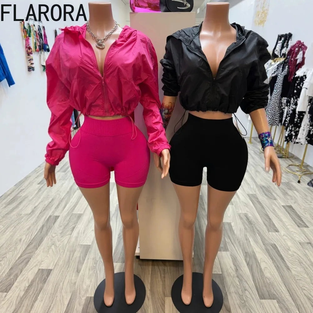 Hooded Zip Crop Jacket And Skinny Shorts Set for Women