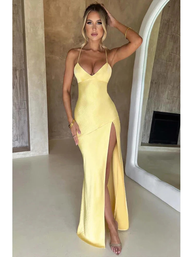 Elegant Backless Satin Maxi Dress With Lace Up For Women