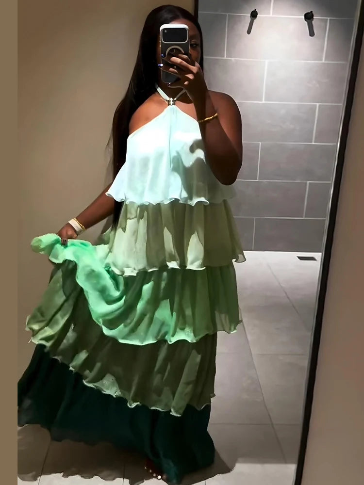 Flowy Gradient Halter Off Shoulder Ruffle Maxi Dress for Women