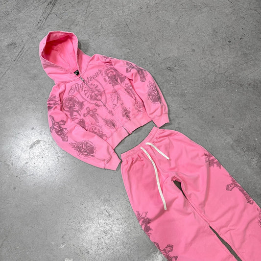 Tatted Believer Cropped Zip Up Sweatshirt and Sweatpants 2-piece Set Y2k Harajuku Men Women Tracksuit Hoodie Running Pants Suit