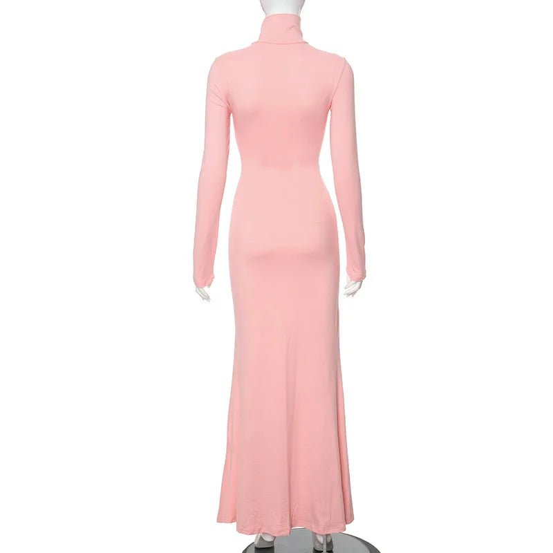 Cryptographic Fall Winter Turtleneck Elegant Long Sleeve Maxi Dress Outfits for Women Casual Fashion Bodycon Dresses Vestido