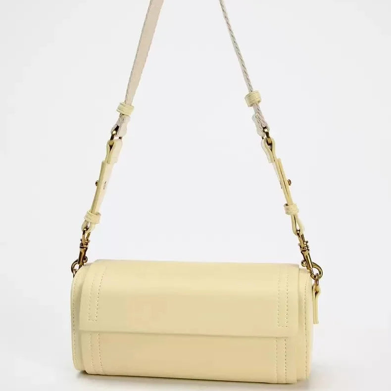 Autumn new women's bag, vanilla yellow flip cover versatile commuting cylindrical bag, cylindrical shoulder crossbody bag