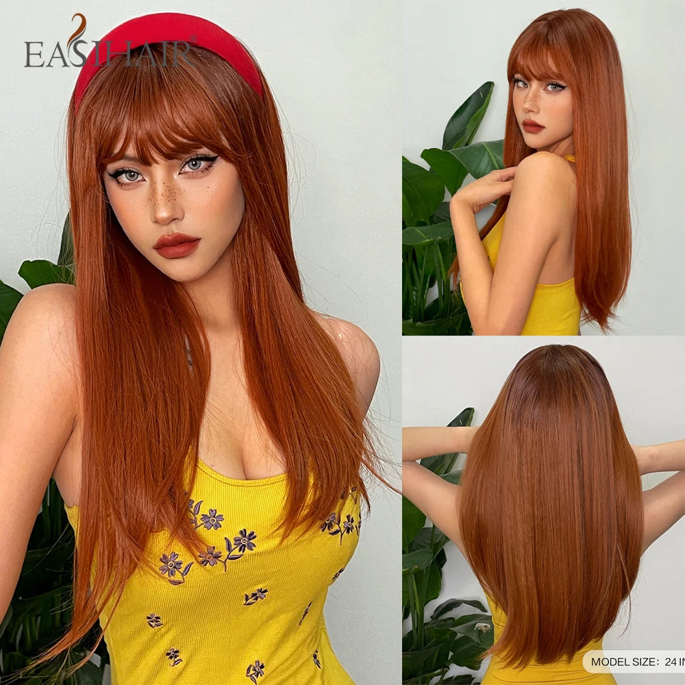 Long Straight Black Synthetic Wig With Bangs for Women