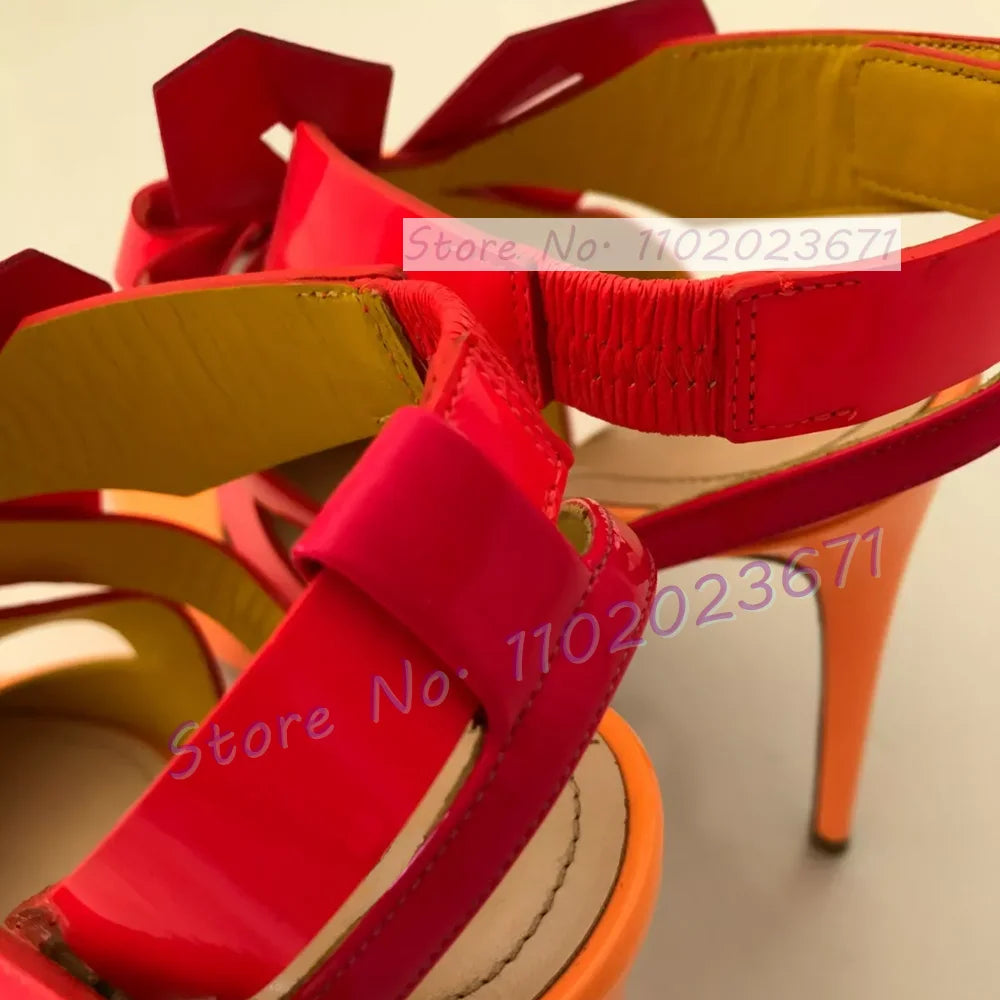 Multicolor Patent Leather Slingback Sandals Women Fashion Folding Bowknot Pointy Toe High Heels Sandals Party Chic Lovely Shoes