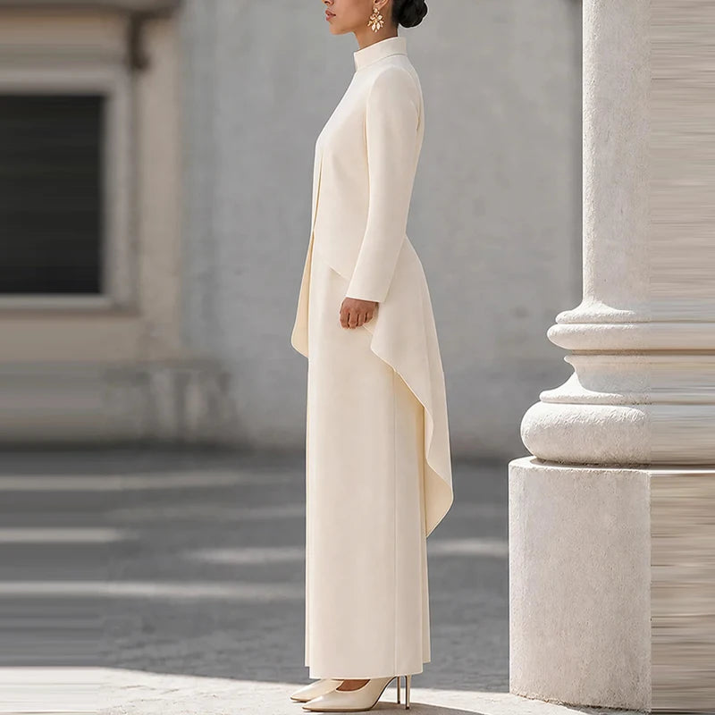 Elegant Turtleneck Long Sleeve Top and Wide Leg Pants Set for Women