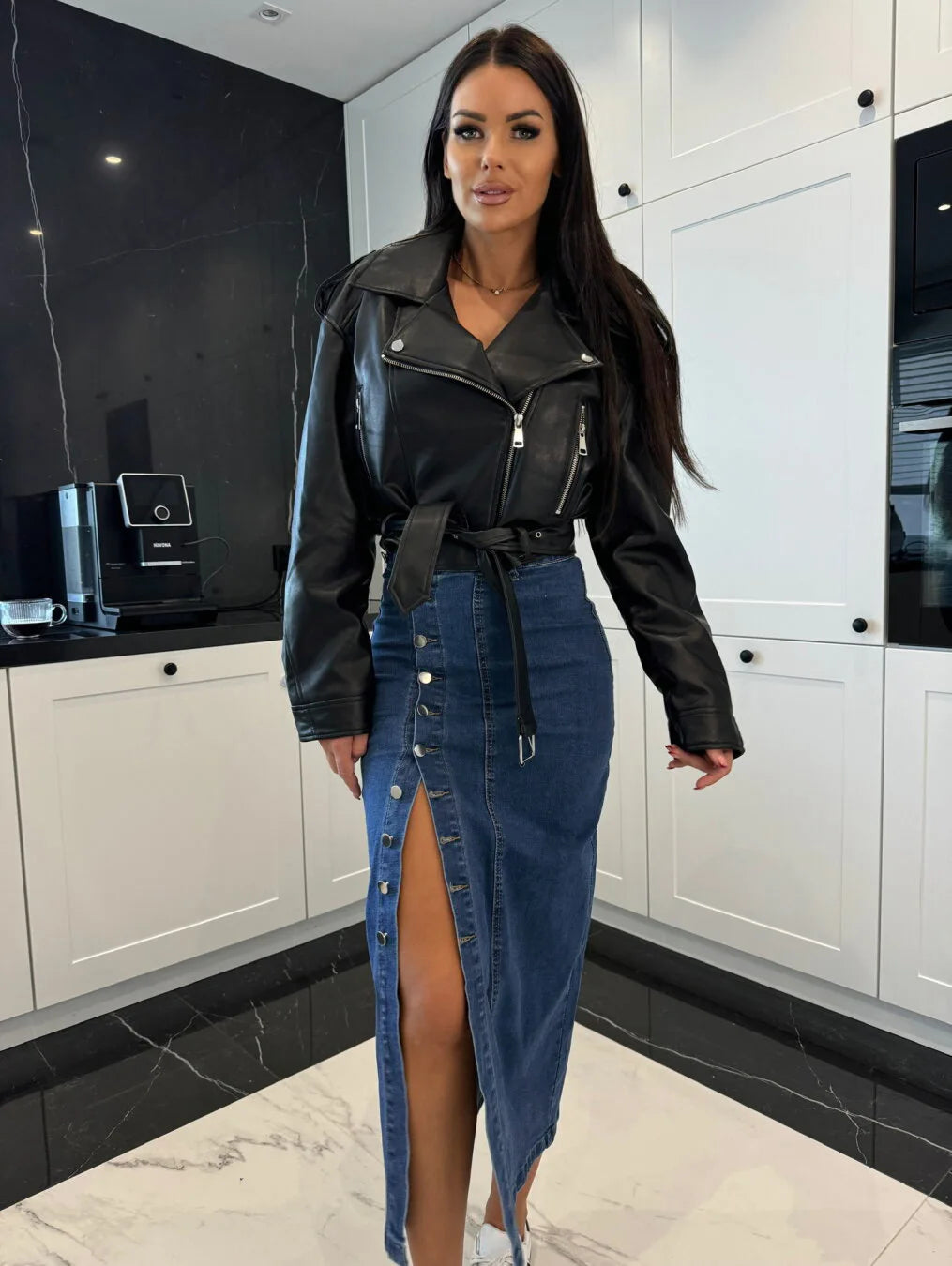 High Waist Retro Button Denim Skirt With Slit for Women