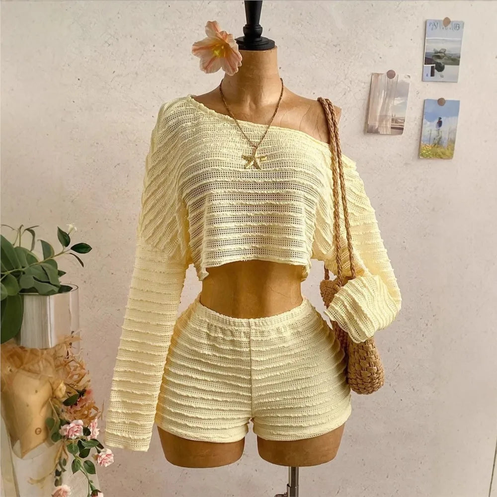 Slanted Shoulder Knit Two Piece Shorts Set for Women
