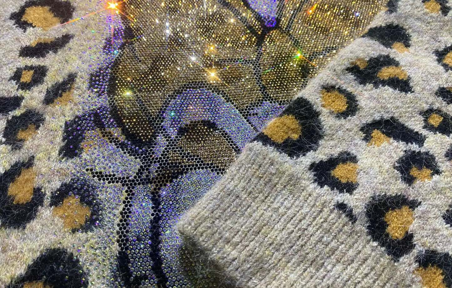 Heavy Industry Rhinestone Mid-length Sweater Coat Winter Leopard Print Thickened Knitted Top Jacket Long-sleeves O-neck Jumpers