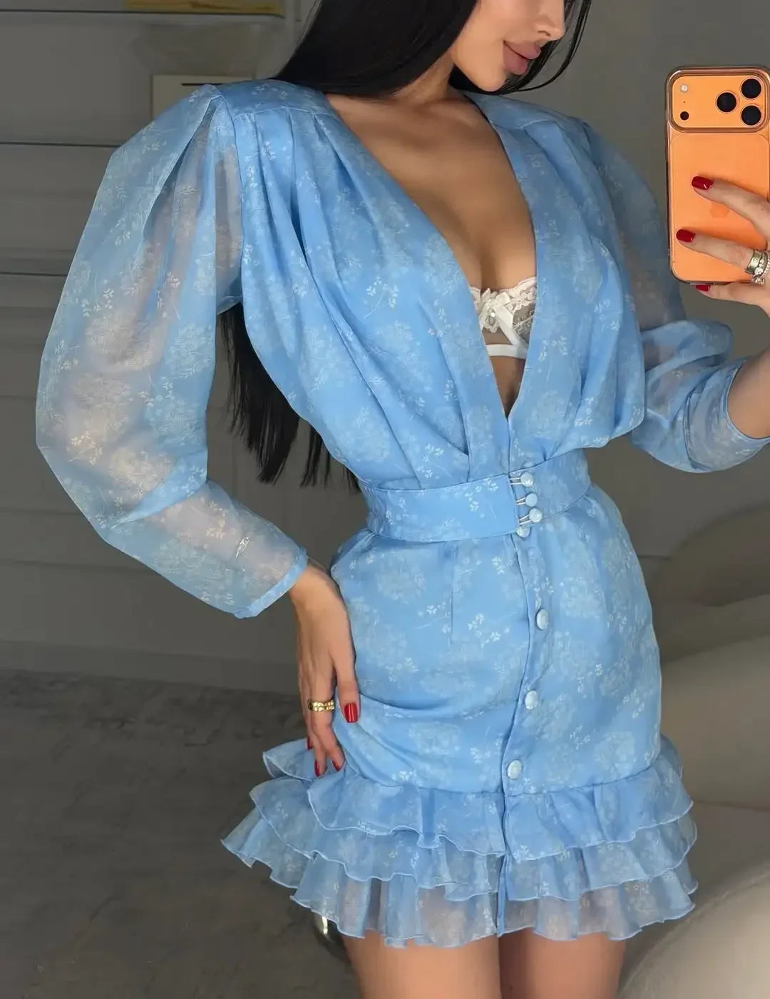 Floral Print Deep V Neck Ruffle Hem Mini Dress for Women