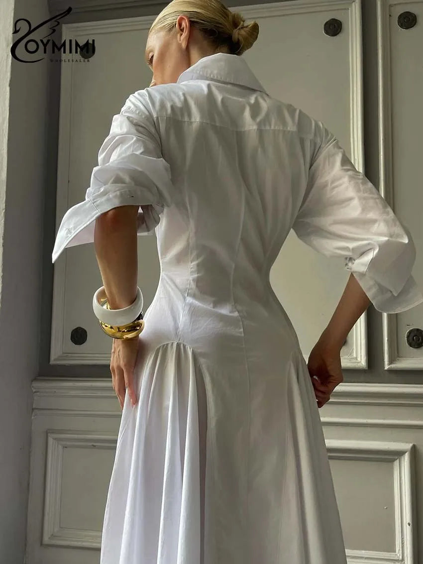 Oymimi Elegant White Lapel Women's Dress Fashion Three Quarter Sleeve Pockets Dresses Casual Button Pleated Ankle-Length Dresses