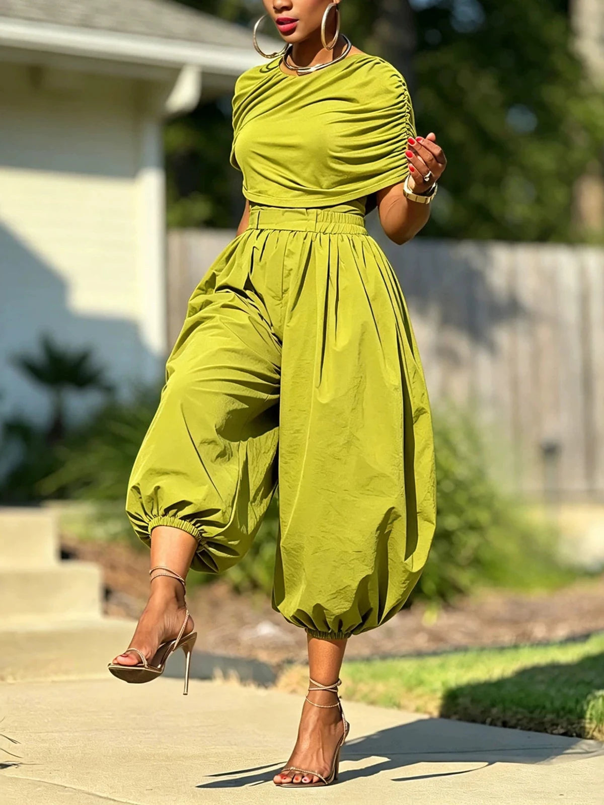 Olive Green Ruched Crop Top And Jogger Pants Set for Women