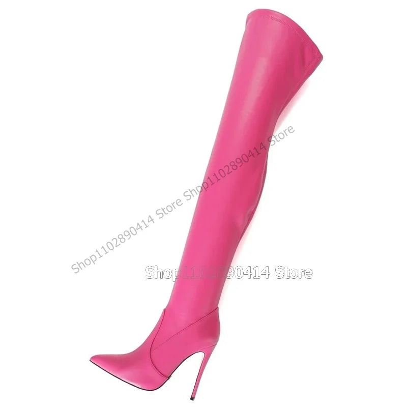 Rose Red Pointed Toe Side Zipper Thigh High Heel Boots for Women