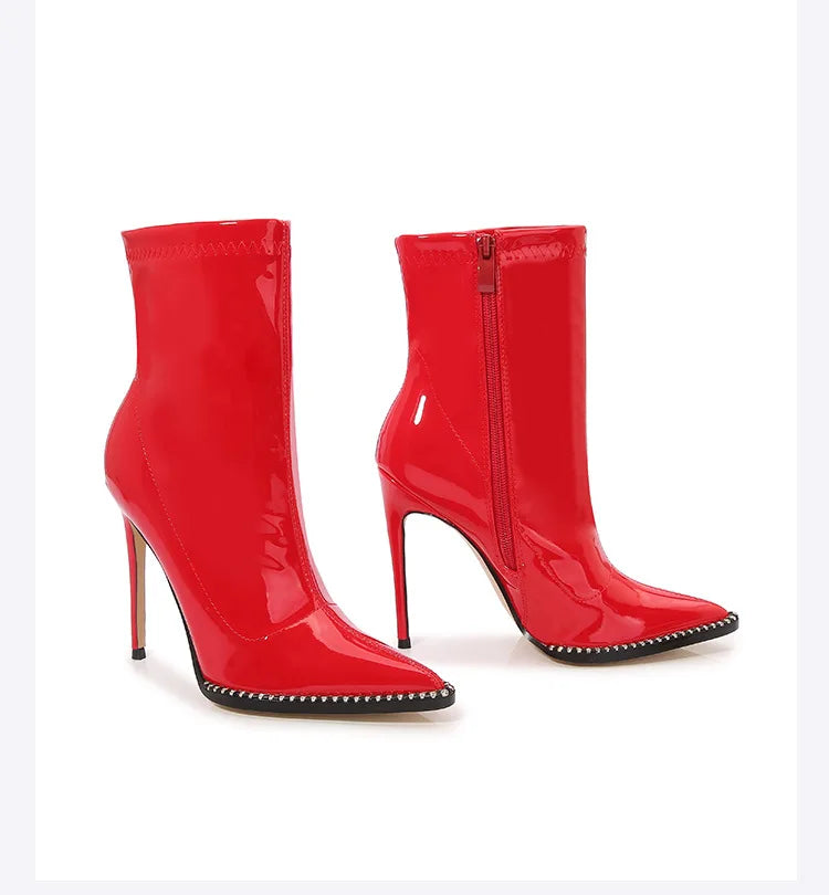 Elegant Rhinestone Bordered Side Zipper High Heel Ankle Boots for Women