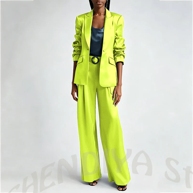 Women's Two Pieces Set Satin Peaked Lapel Elegant Fashion Single Button Straight Professional Tailor-Made Jacket with Pants