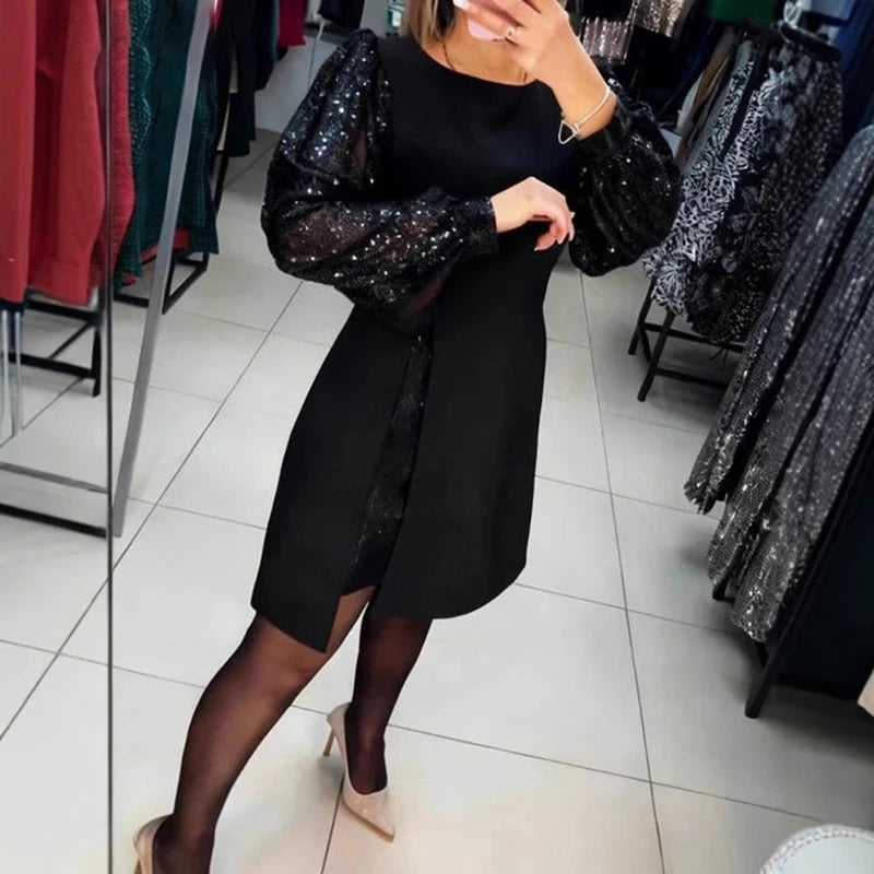 Sequin Patchwork Long Sleeve Mini Evening Dress for Women