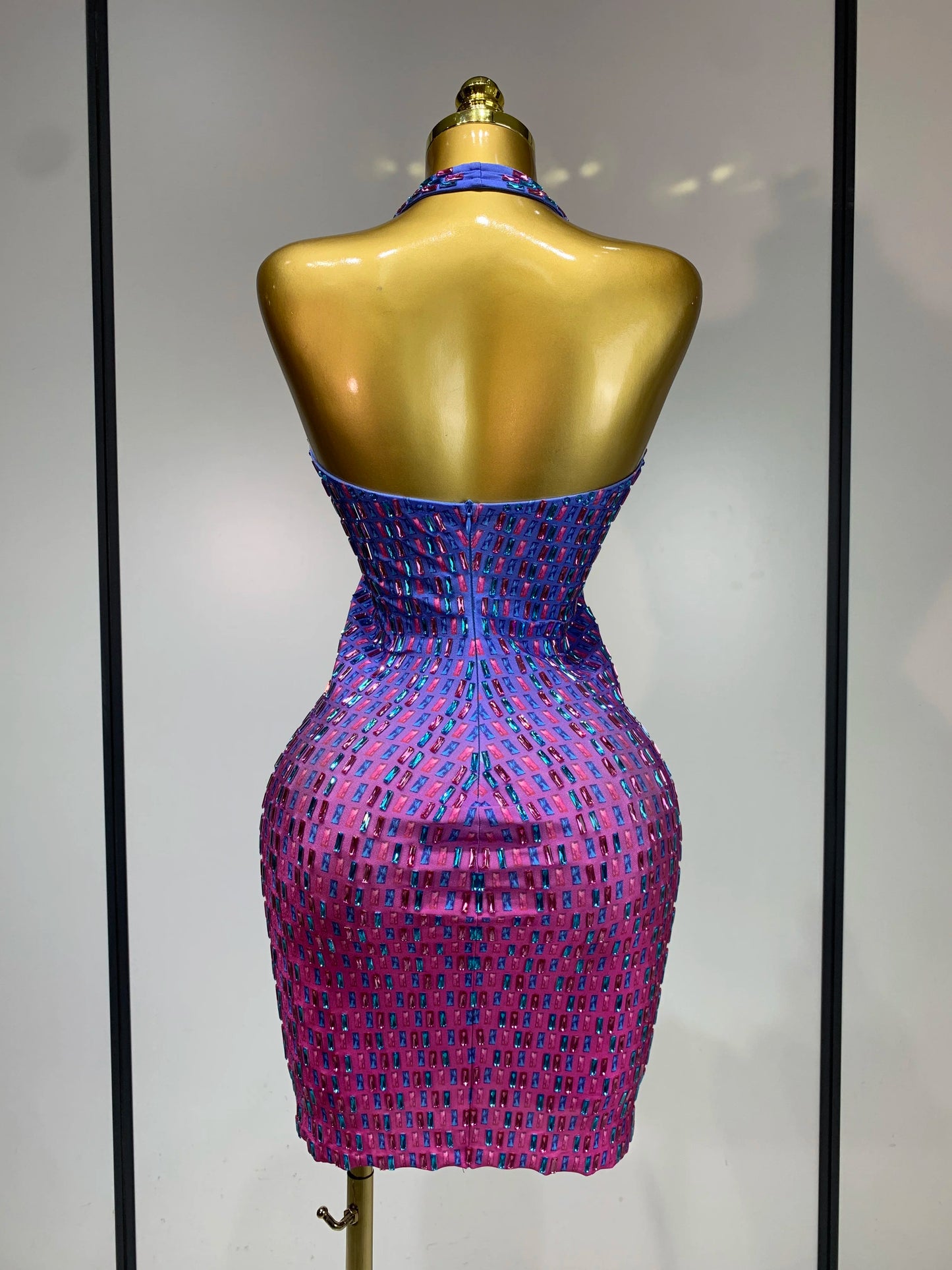 Women Sexy Halter Bodycon Dress Gadient Sparkly Rhinestones V Neck Backless Luxury Birthday Singer Stage Costume Cocktail Dress