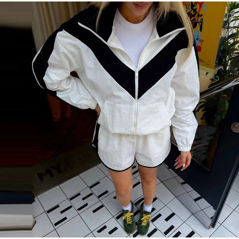 Color Block Zip Up Tracksuit With High Waist Shorts For Women