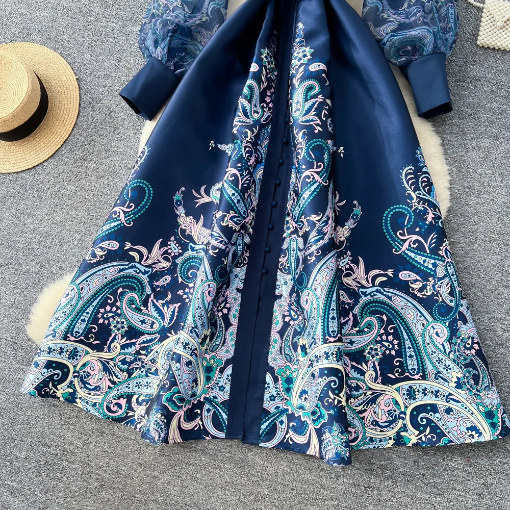 Elegant Printed Mesh Spliced A Line Maxi Dress for Women