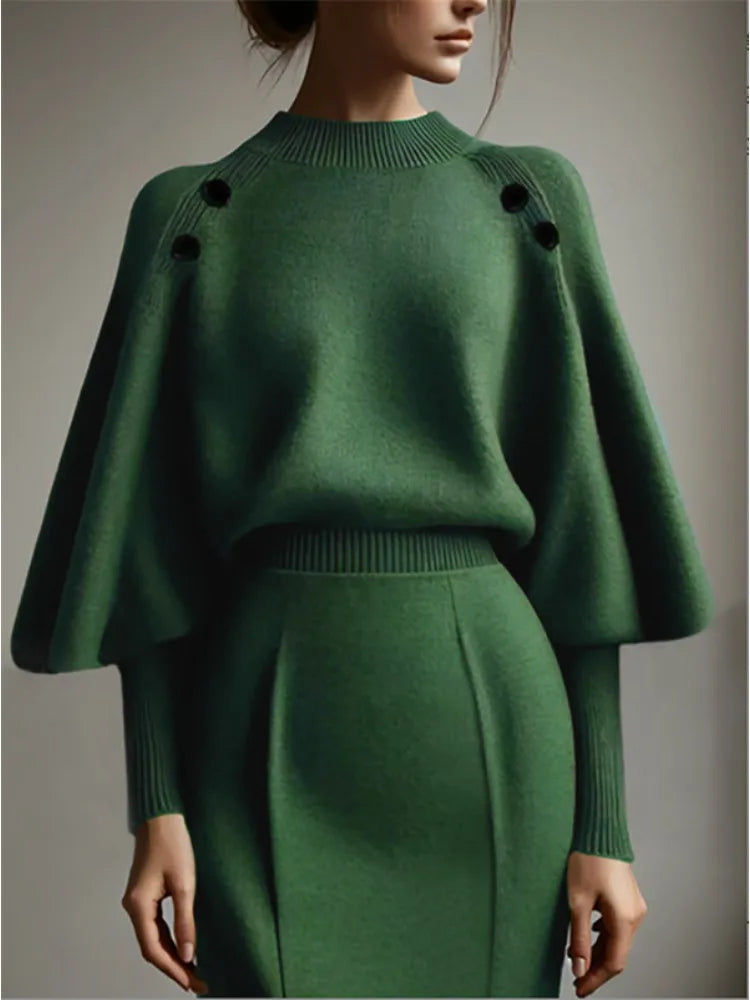 Elegant Green Round Neck Balloon Sleeve Knit Sweater for Women