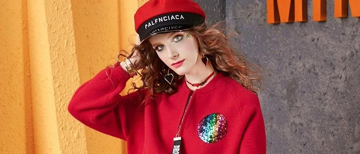 Women's Bomber Jackets Spring Autumn Round Neck Loose Red Female Baseball Aviator Coats Sequin with Rhinestones Youthful Chic